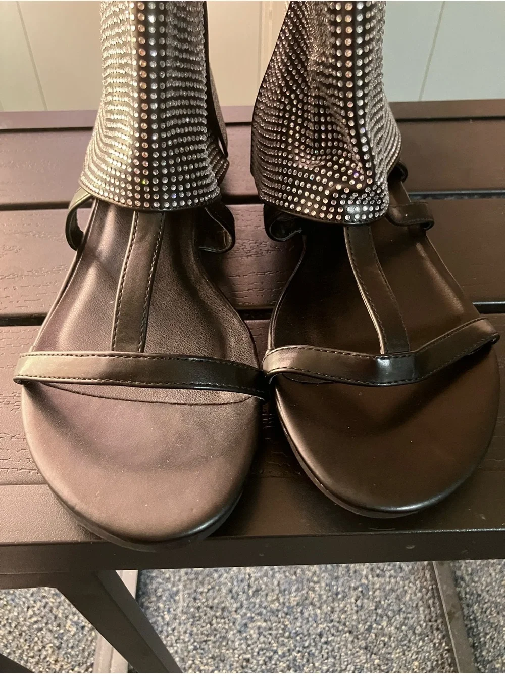 SHEIN Black Rhinestone Mid-Calf Open-Toe Sandal Boots